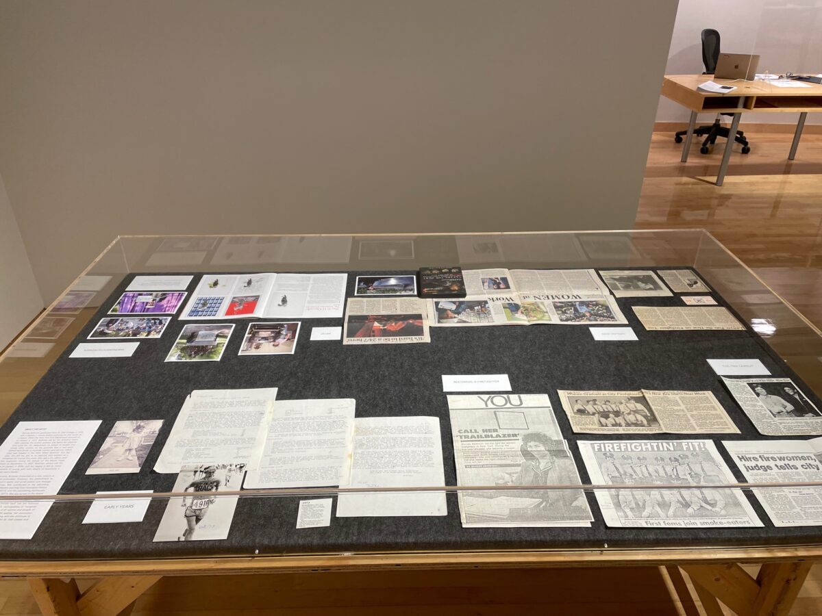 A case featuring items of Brenda Berkman's biography from The Shaw-Olson Center for College History (College Archives).