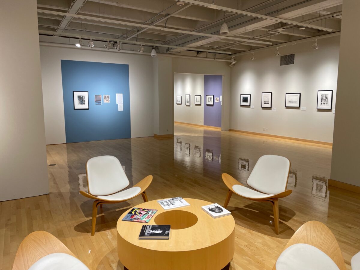 Interior wall in the north gallery featuring the last print in Brenda Berkman's series. Seats are set up with readings pertinent to the show, including the catalogue.